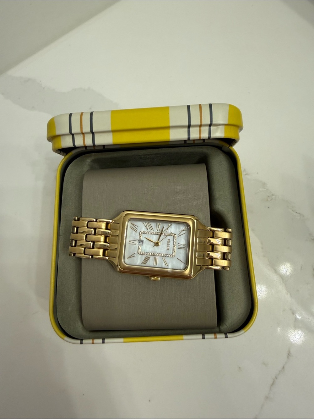 Fossil Gold-Tone Rectangular Women's Bracelet Watch with Mother-of-Pearl Dial
